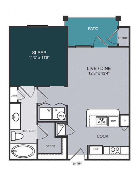Floor plan for 1 bed, 1 bath, 622 sqft